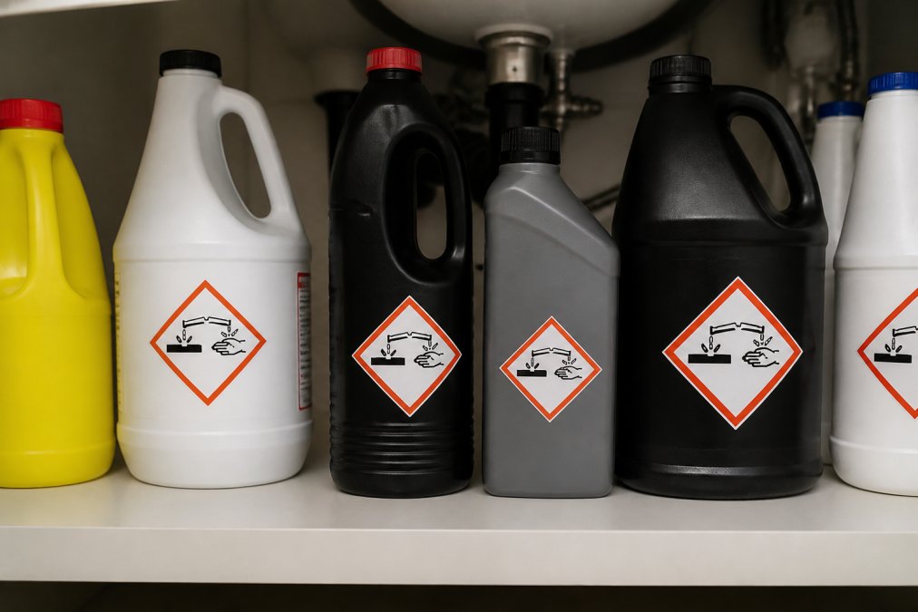 Bottles of chemical drain cleaners with warning labels prominently displayed on household shelf, caustic material warning symbols visible, professional product photography