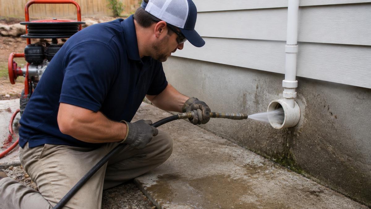 Professional plumber operating hydro jetting equipment with high-pressure hose directed at residential drain line, showing the pressurized water stream in action near a home's foundation