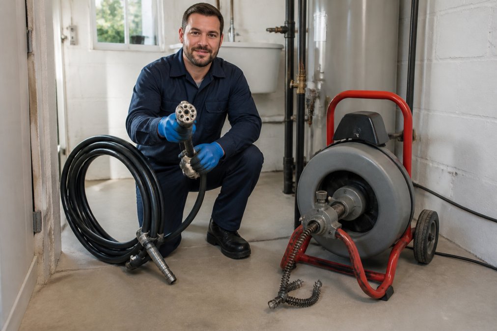 A professional plumber in uniform holding a high-pressure hydro jetting hose next to a drain snake machine, both visible in a residential utility room, natural light