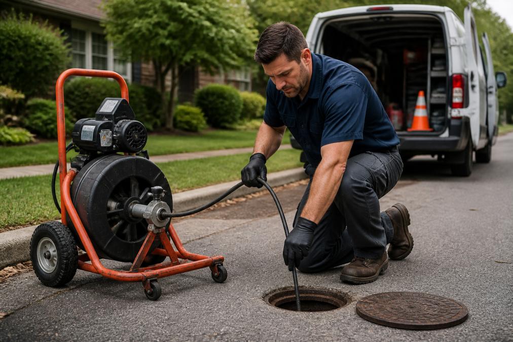 Professional plumber operating a motorized drain snake machine, feeding the cable into a residential drain opening with focused concentration, modern utility van visible in background