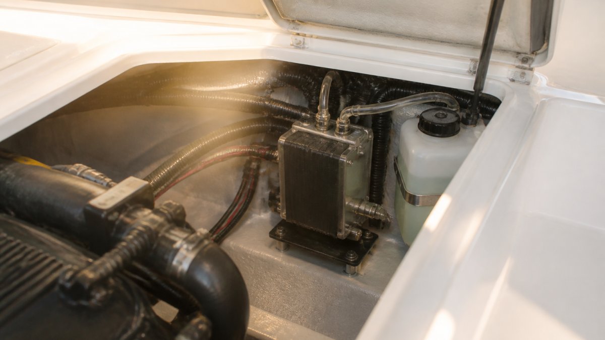 A compact HHO generator unit mounted in the engine bay of a boat, with hoses running to the air intake and a reservoir bottle secured beside it, warm afternoon light through an open hatch