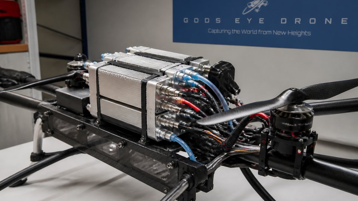 Close-up of a hydrogen fuel cell stack assembly integrated with propeller drive system on an unmanned aircraft frame, showing fuel lines, electrical connections, and lightweight composite mounting structure