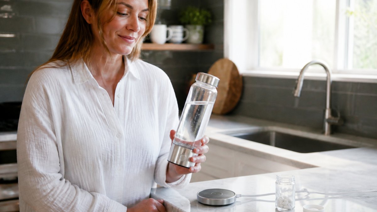 Person holding a portable hydrogen water bottle on a kitchen counter in the morning light