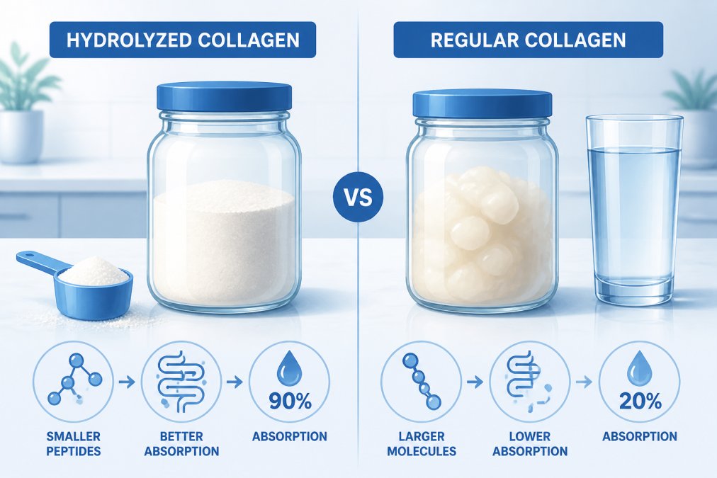 Two glass jars side by side on a bright kitchen counter, one labeled with a scoop of fine white powder beside it, the other showing a thicker, unprocessed substance, with a glass of clear liquid nearby