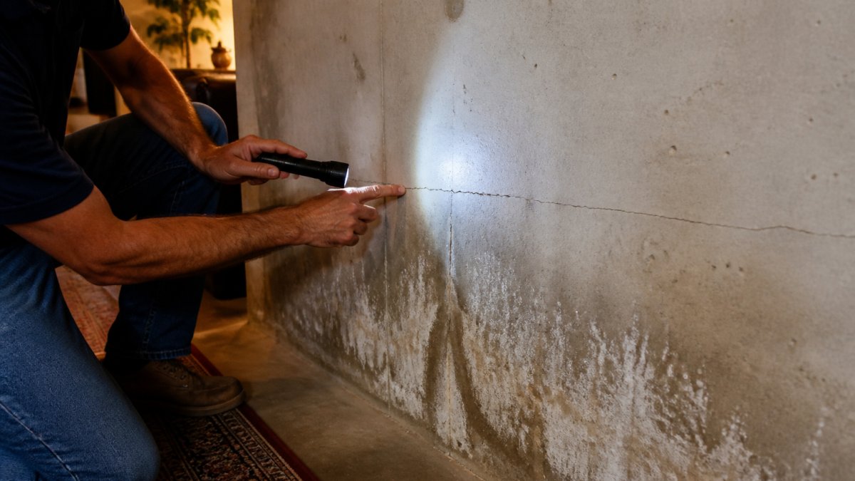 Homeowner inspecting a basement wall crack with efflorescence caused by hydrostatic pressure
