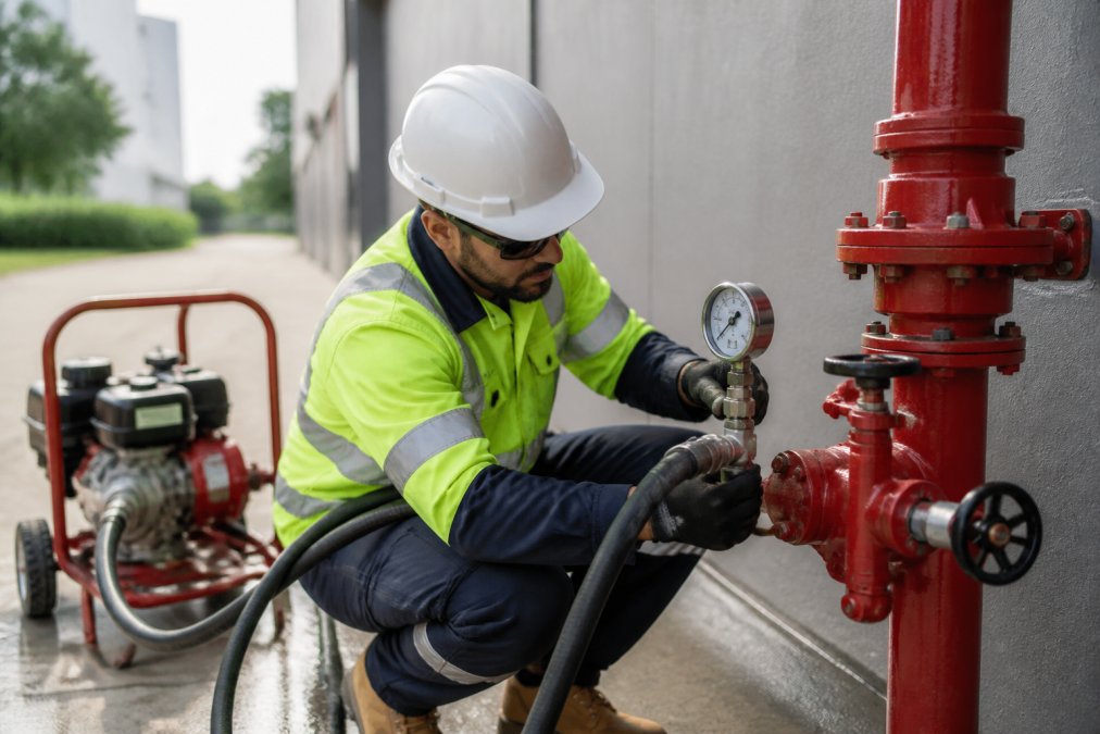 Professional technician in high-visibility safety gear connecting pressure gauge and test apparatus to fire hydrant system, with pressure pump equipment visible in background