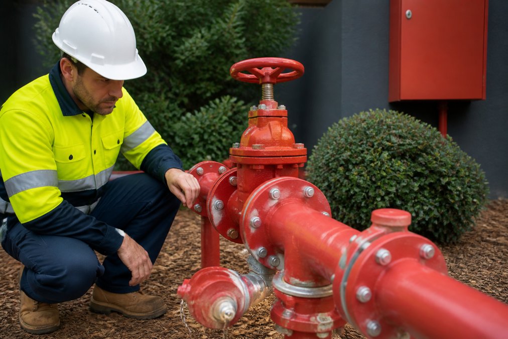 Fire safety professional wearing high-visibility clothing and protective equipment conducting visual inspection of fire hydrant pipework, fittings and connections in outdoor setting