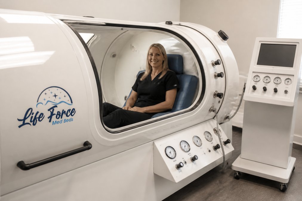 Medical professional standing inside a hard-shell monoplace hyperbaric chamber, showing the transparent acrylic viewing port and comfortable interior seating arrangement with control panels visible outside the chamber in a clinical setting