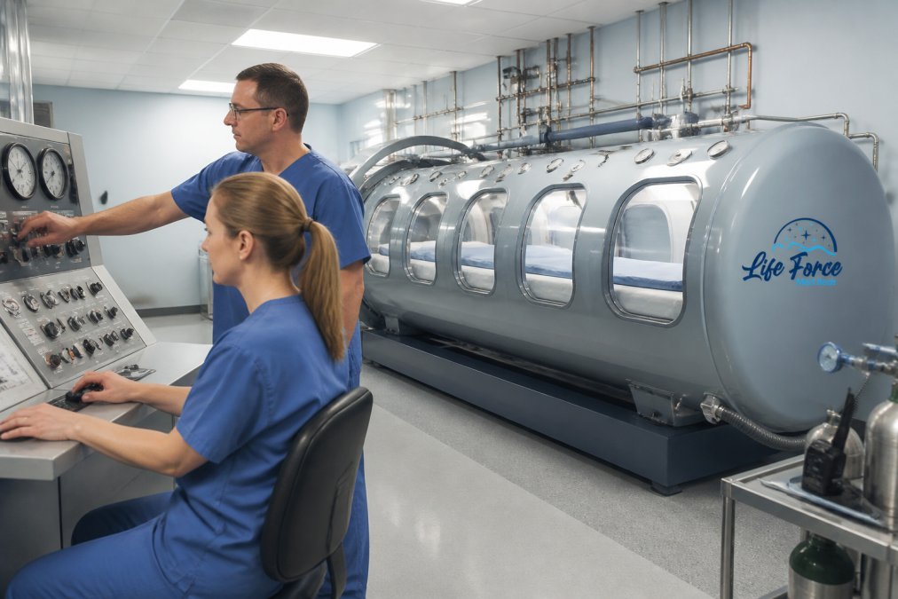 Clinical hyperbaric treatment facility showing a multiplace chamber with medical staff monitoring equipment, safety control panels, and oxygen delivery systems in a professional healthcare setting with proper lighting and infrastructure