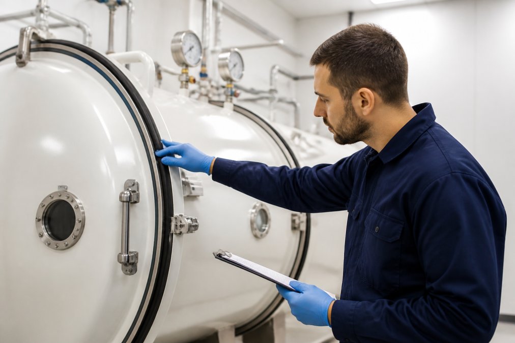 Technician inspecting a door seal and pressure gauge during routine hyperbaric chamber maintenance in a clinic.