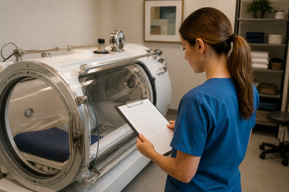 A wellness clinic staff member in scrubs reviewing a laminated safety checklist on a clipboard beside a modern monoplace hyperbaric chamber in a clean, brightly lit treatment room