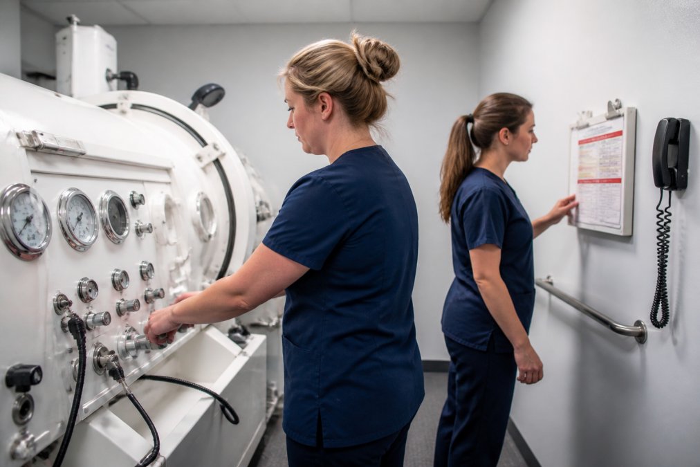 Two healthcare staff members in a hyperbaric suite practicing an emergency drill, one operating chamber controls while the other reviews a laminated emergency response checklist mounted on the wall under bright clinical lighting