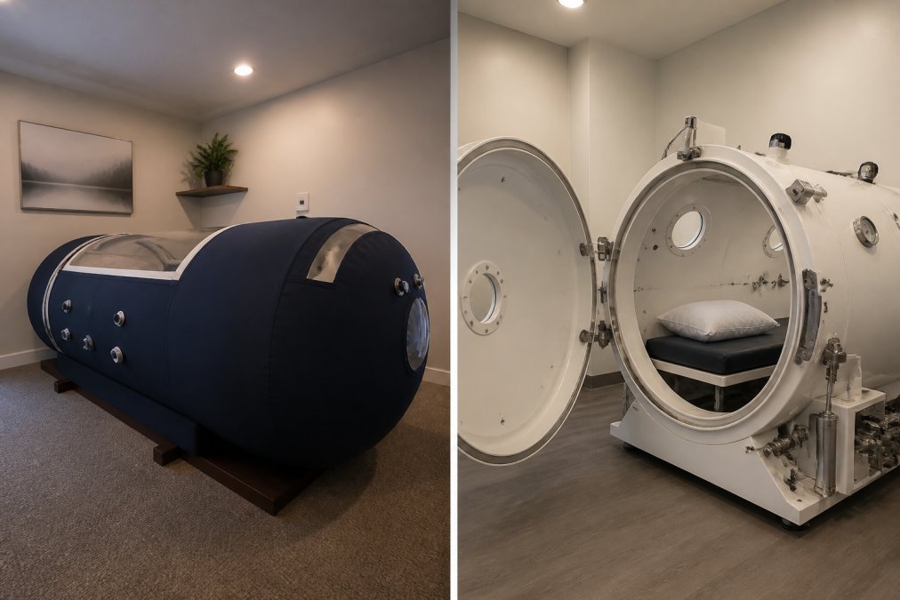 A modern wellness clinic treatment room with a white hard shell hyperbaric chamber open and ready for a patient, clean clinical lighting, stainless steel fittings visible, no staff present