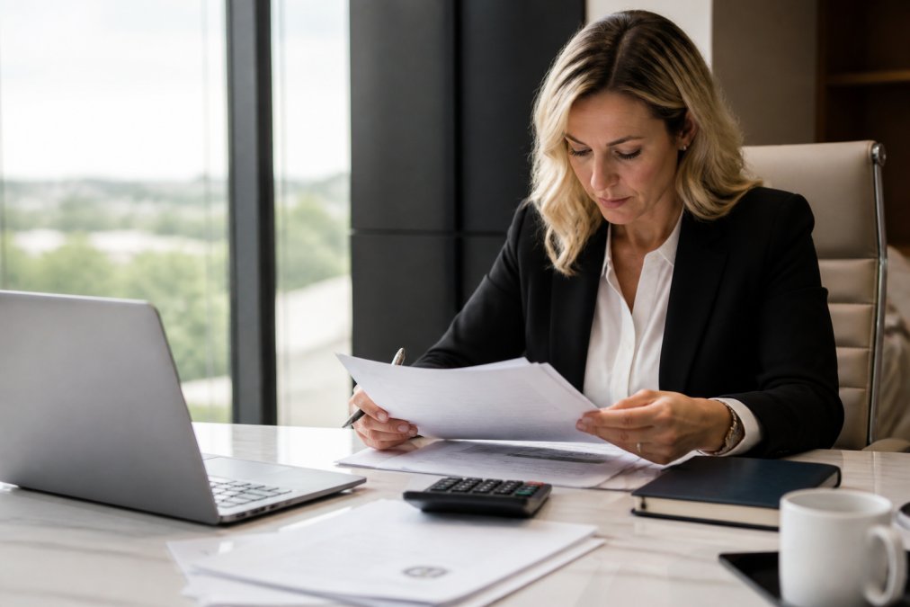 A wellness clinic owner in professional attire reviewing financing documents at a modern desk with a laptop open, bright natural light from a large window, branded folders and a coffee cup on the desk