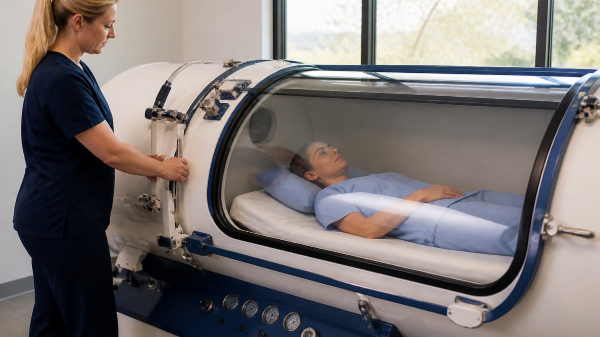 Professional demonstrating hyperbaric oxygen therapy technique in modern clinical setting with natural lighting