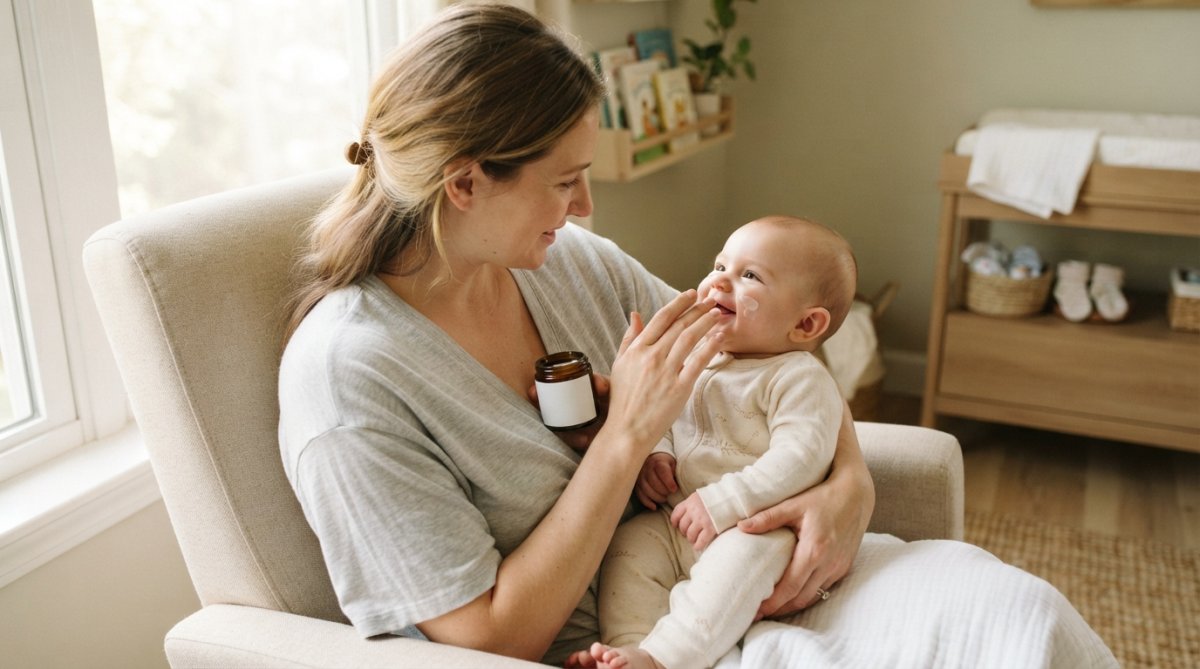 Mutter trägt sanft eine beruhigende natürliche Lotion auf die Wange ihres Babys auf, mit warmem natürlichem Licht und ruhiger, fürsorglicher Atmosphäre