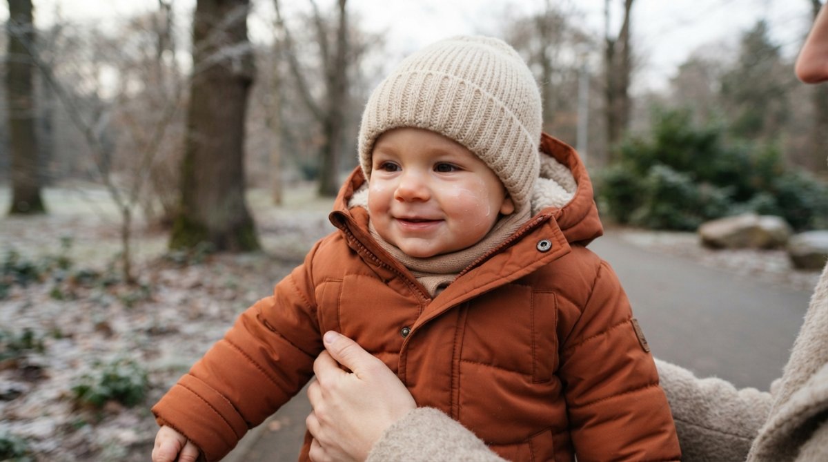 Baby in warmer Winterkleidung mit schützender Creme-Balm auf den Wangen, draußen bei mildem Wetter, zeigt Schutz vor Wind und Kälte
