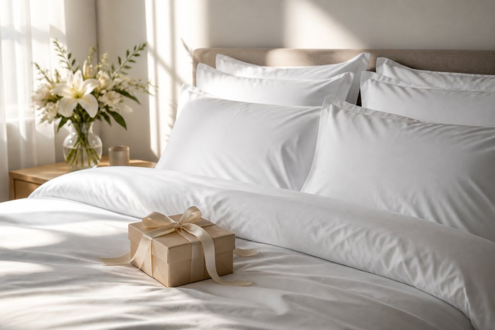 A beautifully made bed with crisp white bamboo sheets and a small wrapped gift box resting on the duvet, soft morning light filtering through sheer curtains