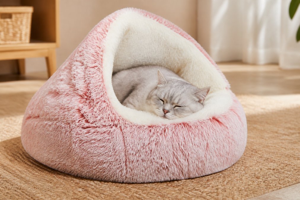 Close-up of a cat resting peacefully on a soft, natural-fiber bed with visible texture and weave of organic cotton or merino wool fabric, warm natural lighting