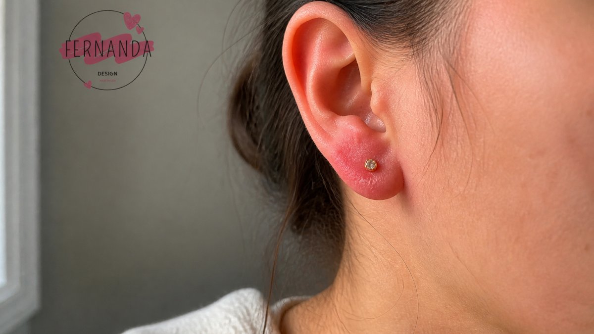 Close-up of a person's earlobe showing visible redness, swelling, and irritation from contact dermatitis caused by wearing non-hypoallergenic earrings, with natural lighting highlighting the inflamed skin