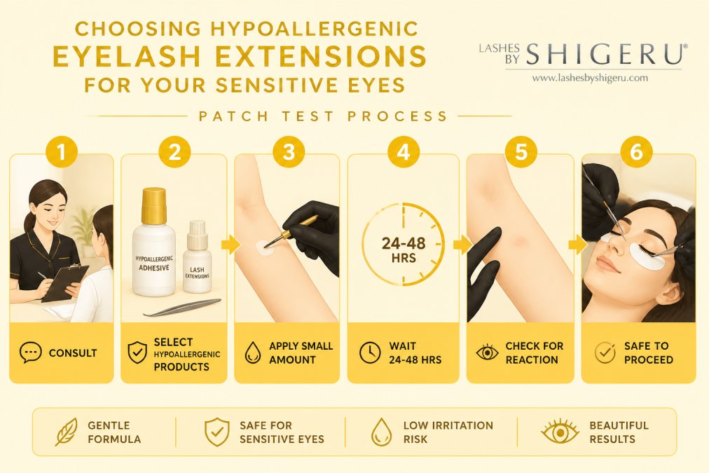 Professional lash technician performing patch test on client's skin, showing careful application process in modern professional salon setting with soft lighting