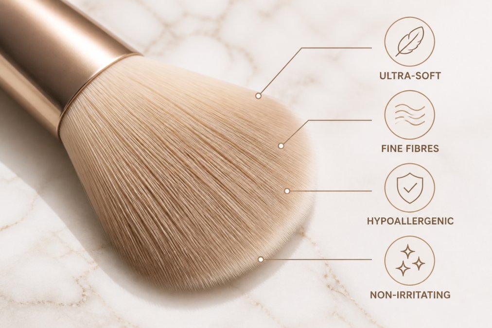 Close-up of ultra-soft synthetic makeup brush bristles fanned out on a clean white marble surface, showing fine fibre texture in soft natural light