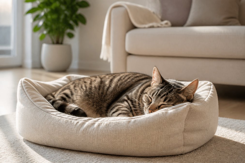 Close-up of a tabby cat sleeping peacefully on a natural cotton bed in a bright, clean living room, soft morning light highlighting the woven fabric texture