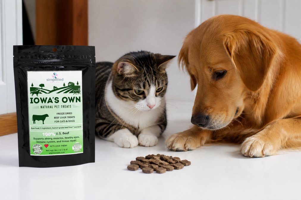 A cat and dog sitting together looking at a small pile of freeze-dried beef liver treats on a white surface, both appearing interested and attentive