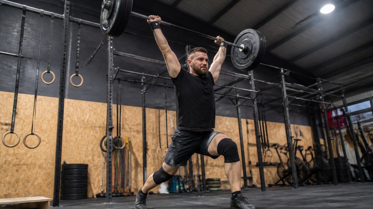 Athlete performing a heavy barbell clean and jerk in a well-equipped gym with bright overhead lighting, demonstrating explosive power and technical precision