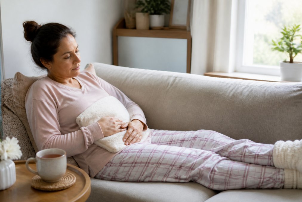 A woman resting comfortably on a sofa with a cushion supporting her abdomen, a cup of tea on a side table, soft natural light filling the room