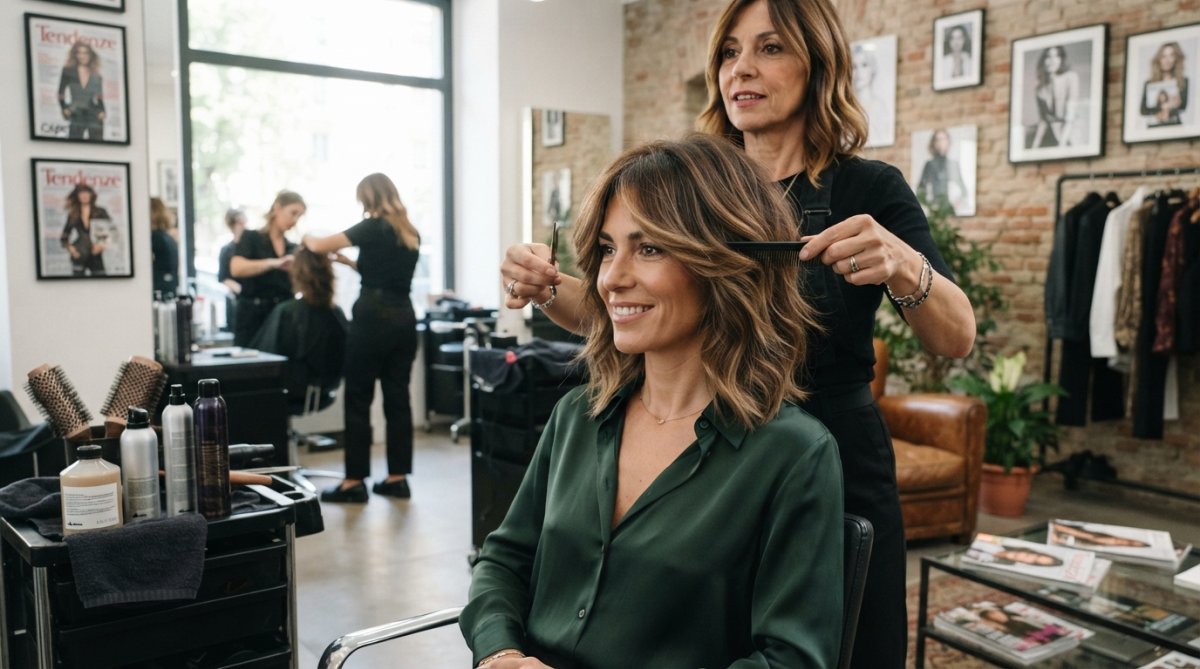 Donna con taglio medio scalato moderno con movimento naturale e volume alle radici, in posa di profilo che mostra la dinamicità della scalatura e la lucentezza dei capelli sotto illuminazione naturale