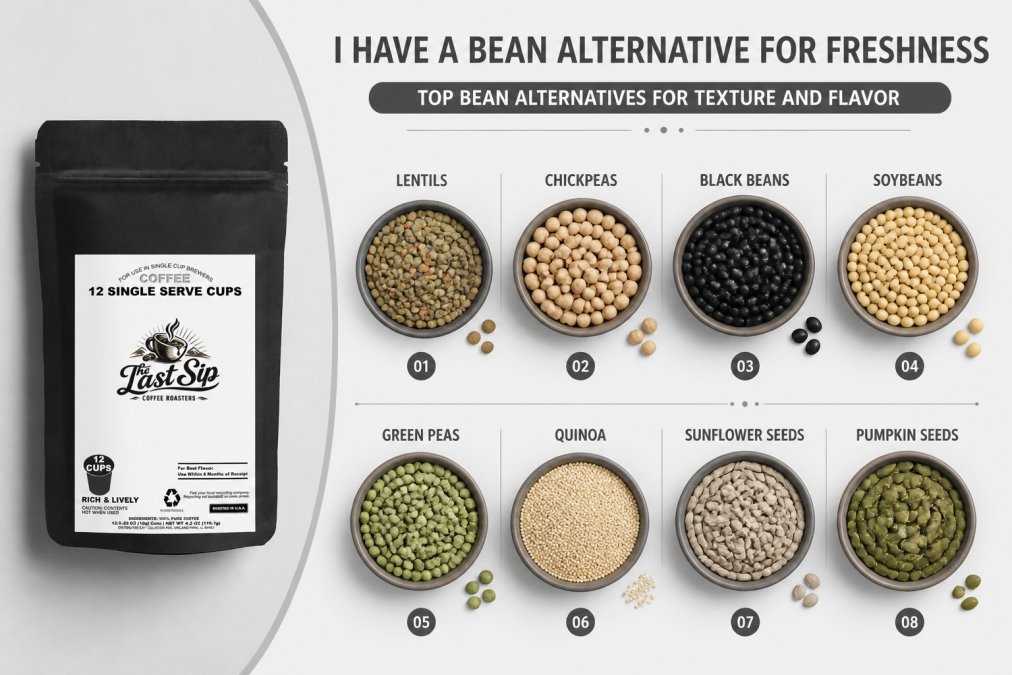 Overhead shot of various dried legume alternatives and plant-based proteins arranged on a wooden surface with natural lighting, showing lentils, chickpeas, seeds, and grains in separate bowls