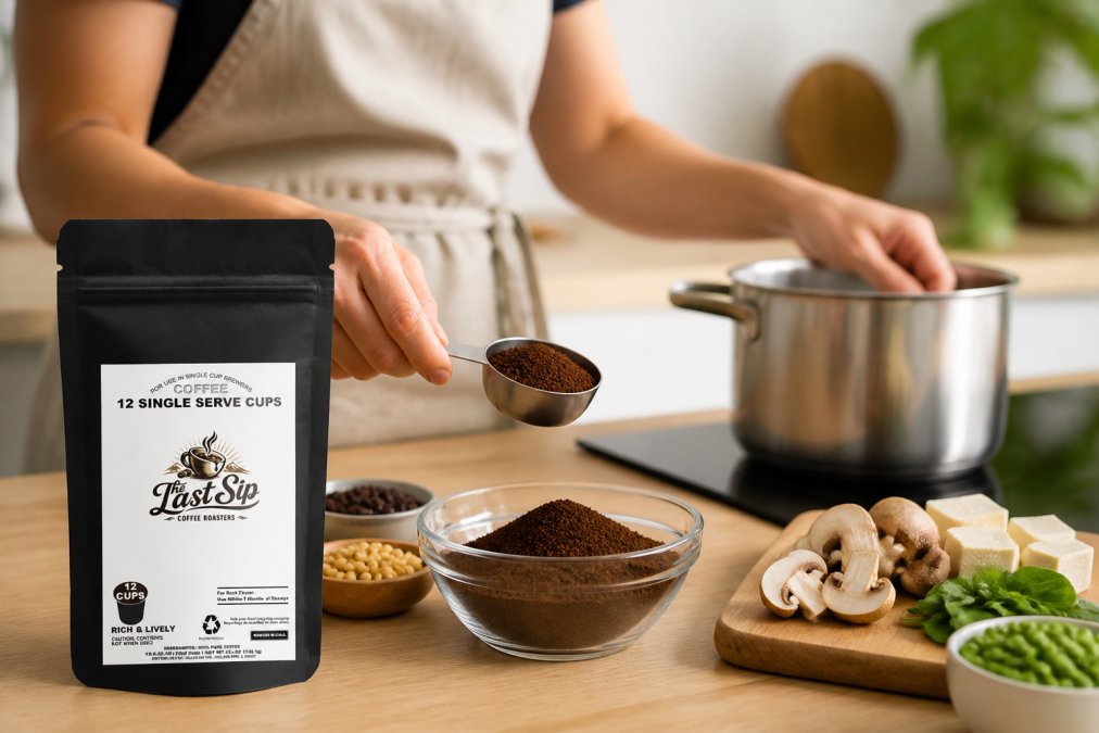 Close-up of hands measuring and preparing alternative protein ingredients in a kitchen, with a measuring cup, pot, and fresh ingredients visible on a clean countertop