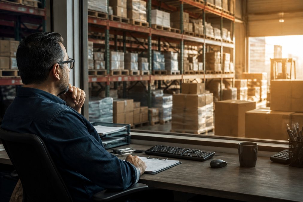 An operations manager reviewing real-time inventory dashboards on dual monitors in a warehouse office, shelves of packaged goods visible through a window behind them, warm afternoon light
