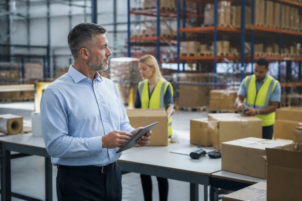 Operations manager reviewing real-time inventory dashboards on multiple monitors in a modern warehouse control center, with team members in the background managing shipments and coordinating orders