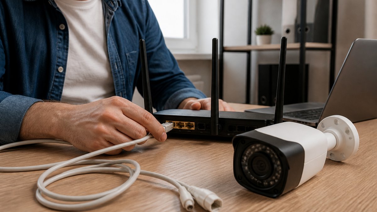 Чоловік підключає Ethernet-кабель крученої пари до порту роутера, поруч на столі лежить IP-камера та ноутбук з відкритим вебінтерфейсом