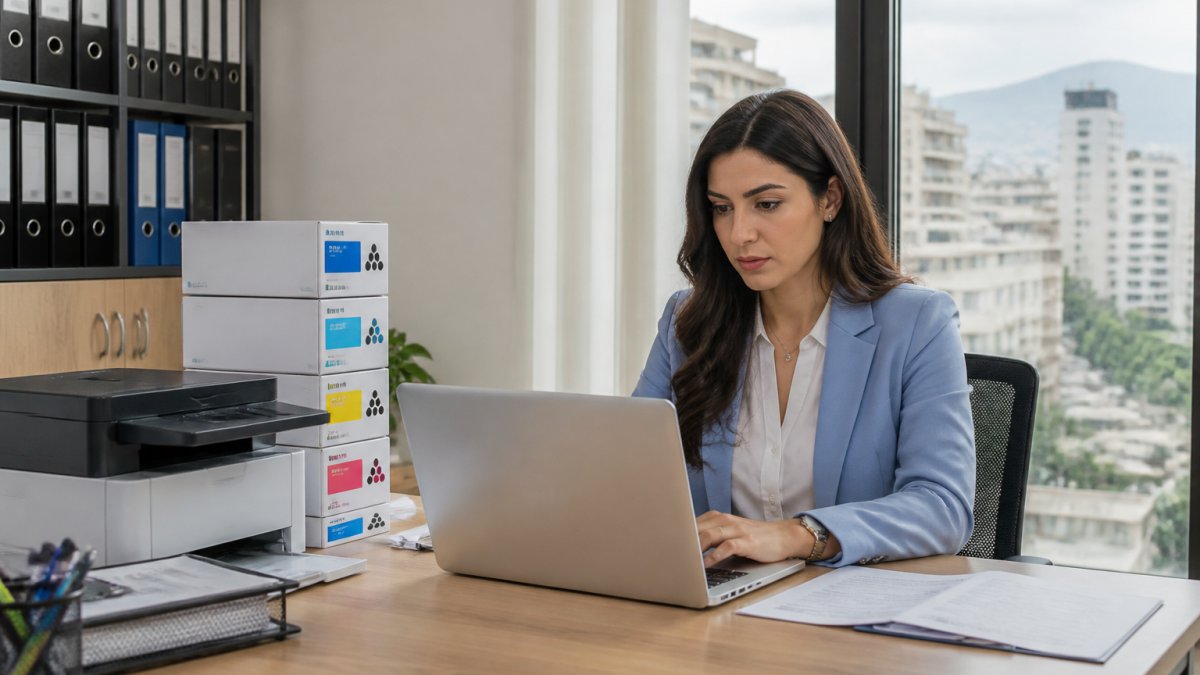 An office manager in a bright Lebanese office comparing supplier quotes on a laptop, with a printer and stacked toner boxes on the desk beside her