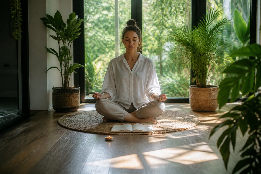 Person in ruhiger, meditativer Umgebung - sitzend in einem hellen, natürlichen Raum mit Pflanzen - symbolisiert innere Reflexion und Integrationsprozess nach der Iboga-Erfahrung