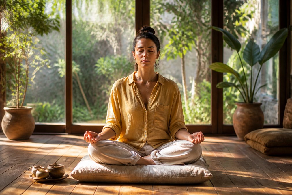 Person in ruhiger Meditation in einem natürlichen, von Tageslicht durchfluteten Raum, sitzend auf einem Kissen mit geschlossenen Augen, die innere Kontemplation und spirituelle Reflexion symbolisiert