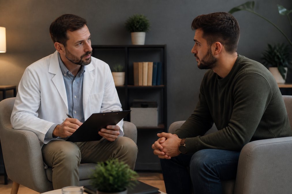 Arzt oder medizinischer Fachmann sitzt in einer modernen klinischen Umgebung mit gedämpftem Licht, im Gespräch mit einem Patienten, beide sitzend, der Arzt hält ein Klemmbrett und hört aktiv zu