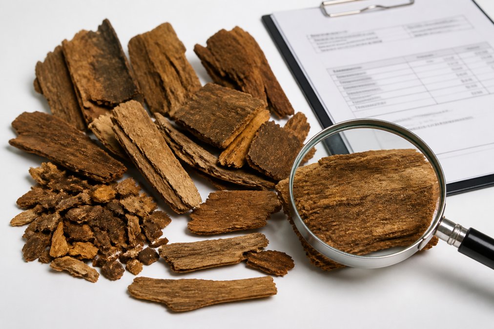 Getrocknete Iboga-Wurzelrinde in verschiedenen Größen und Farbtönen auf weißem Untergrund, daneben ein Analysezertifikat und eine Lupe, die die Textur und Rindenbeschaffenheit zeigt
