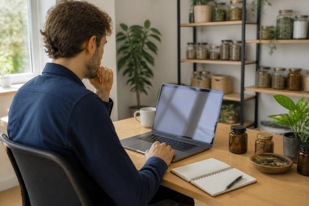 Person überprüft auf einem Laptop eine Online-Shop-Seite mit Zertifikaten und Kundenbewertungen sichtbar, helles Homeoffice mit natürlichem Licht