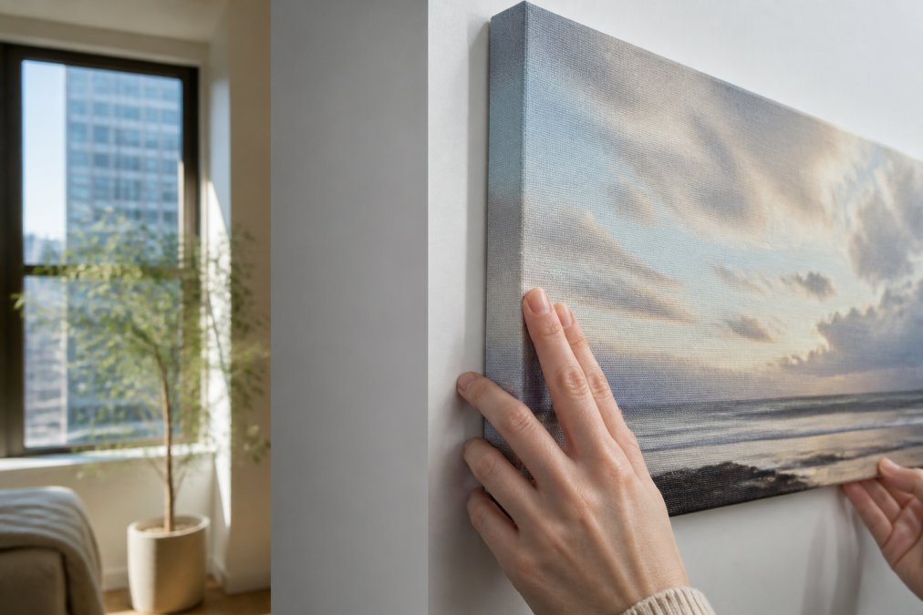 A close-up of hands touching the textured surface of a gallery-wrapped canvas print hanging on a bright apartment wall, with natural light revealing the canvas weave and wood stretcher bar edge