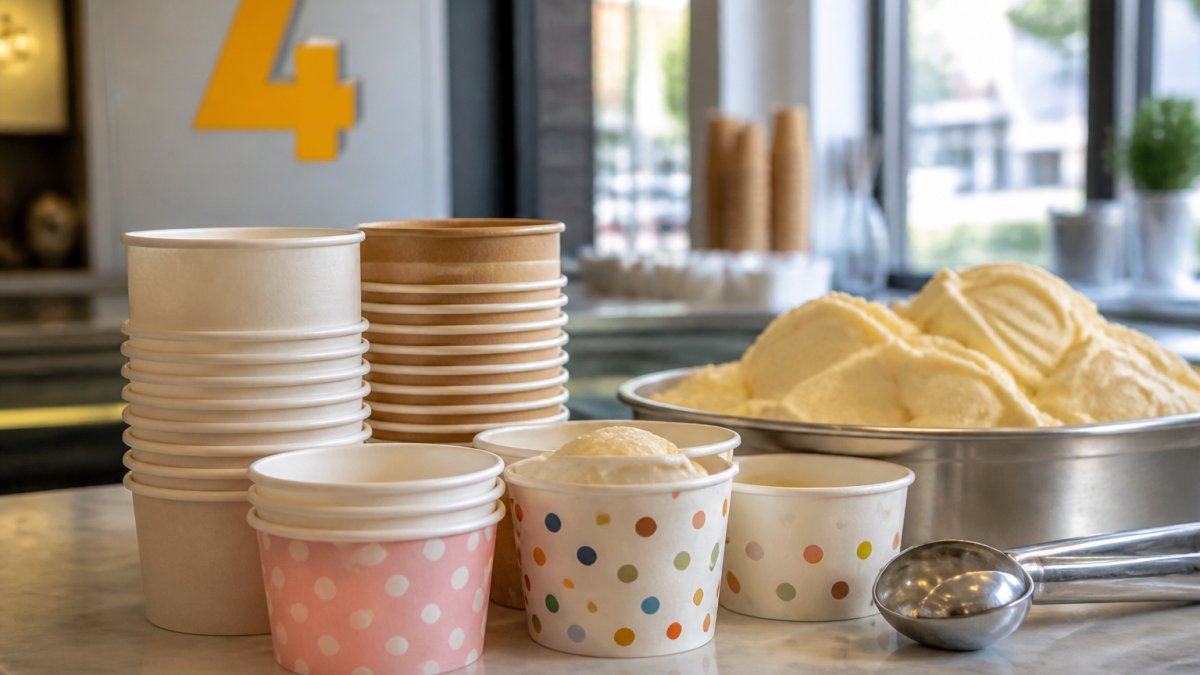 Close-up of a café counter with a stack of plain and printed paper ice cream cups next to a tub of vanilla gelato and a stainless steel scoop, soft daylight from a window