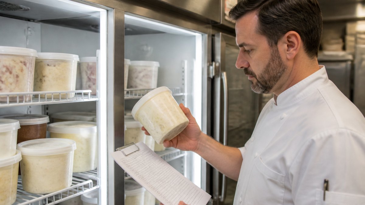 Restaurant manager examining ice cream tubs in a commercial freezer, checking product labels and quality documentation under bright LED lighting