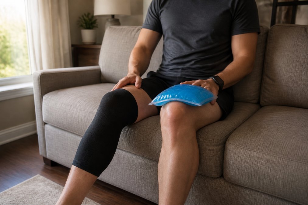 A person sitting on a living room couch with a blue gel ice pack balanced on one knee and a fitted black compression sleeve pulled over the other leg, late afternoon light through a window