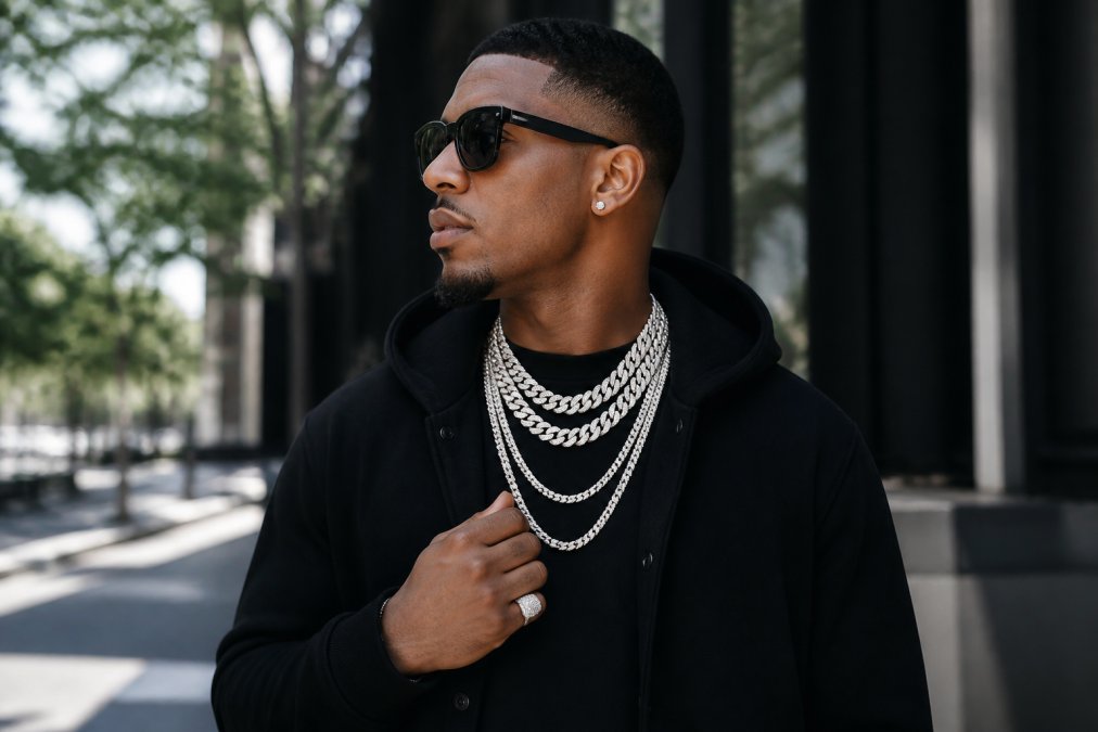 Man in black streetwear outfit layered with multiple iced out chains of varying widths, diamond tester stud earrings, and a statement ring, standing in natural daylight with confident posture
