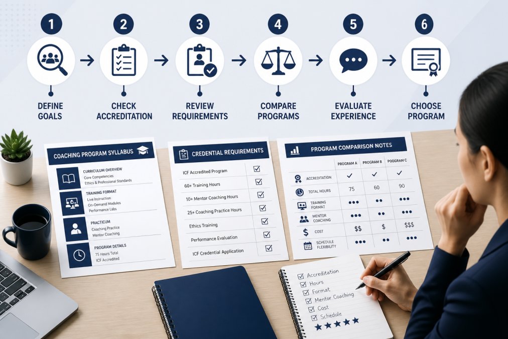 Checklist and syllabus for evaluating ICF accredited coaching programs on a desk