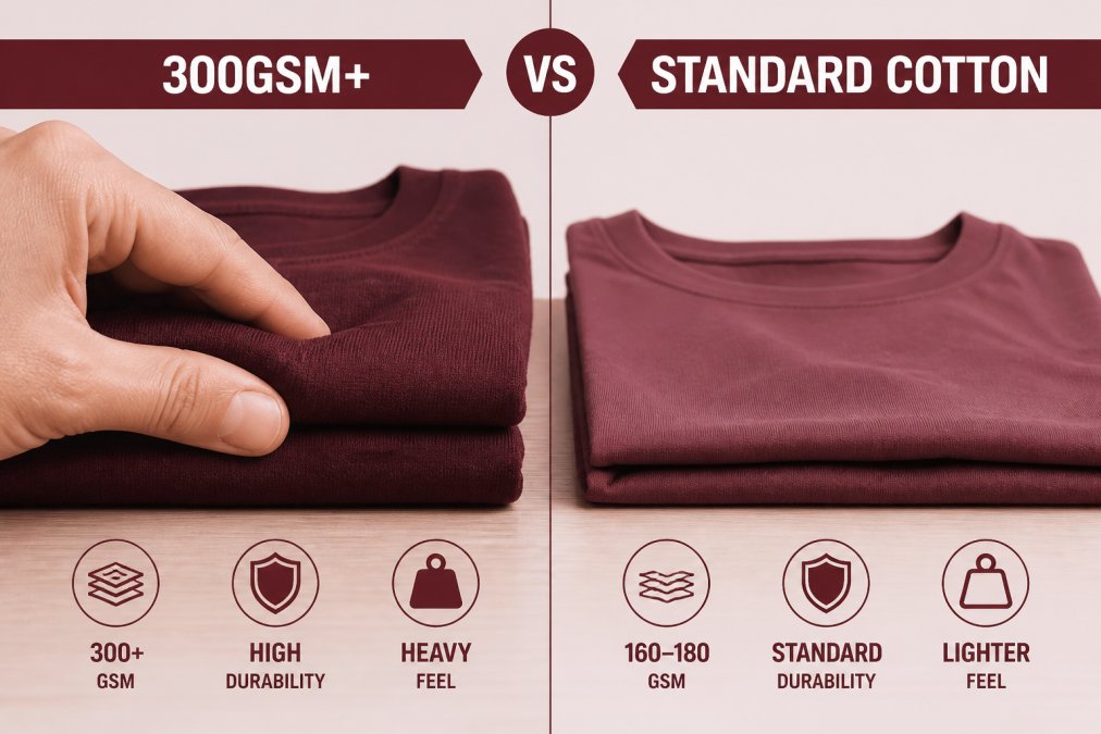 Close-up of two folded t-shirts side by side on a wooden table, a person's hand pressing the thicker 300GSM fabric between thumb and finger to demonstrate its density, natural window light
