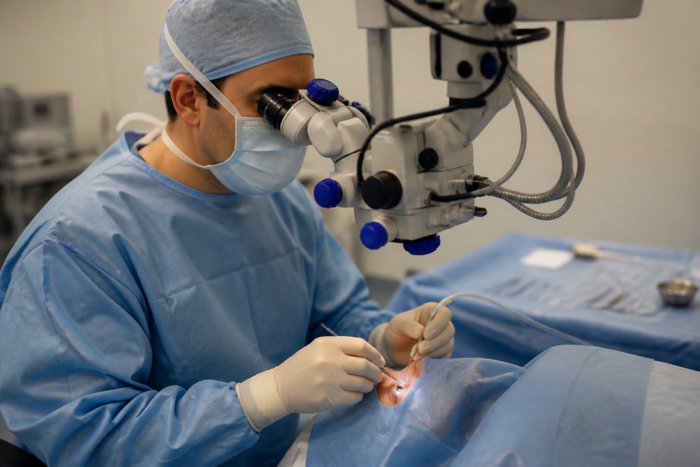 Ophthalmologist performing precise surgical procedure with advanced microscope equipment in sterile operating room, hands positioned over patient's eye